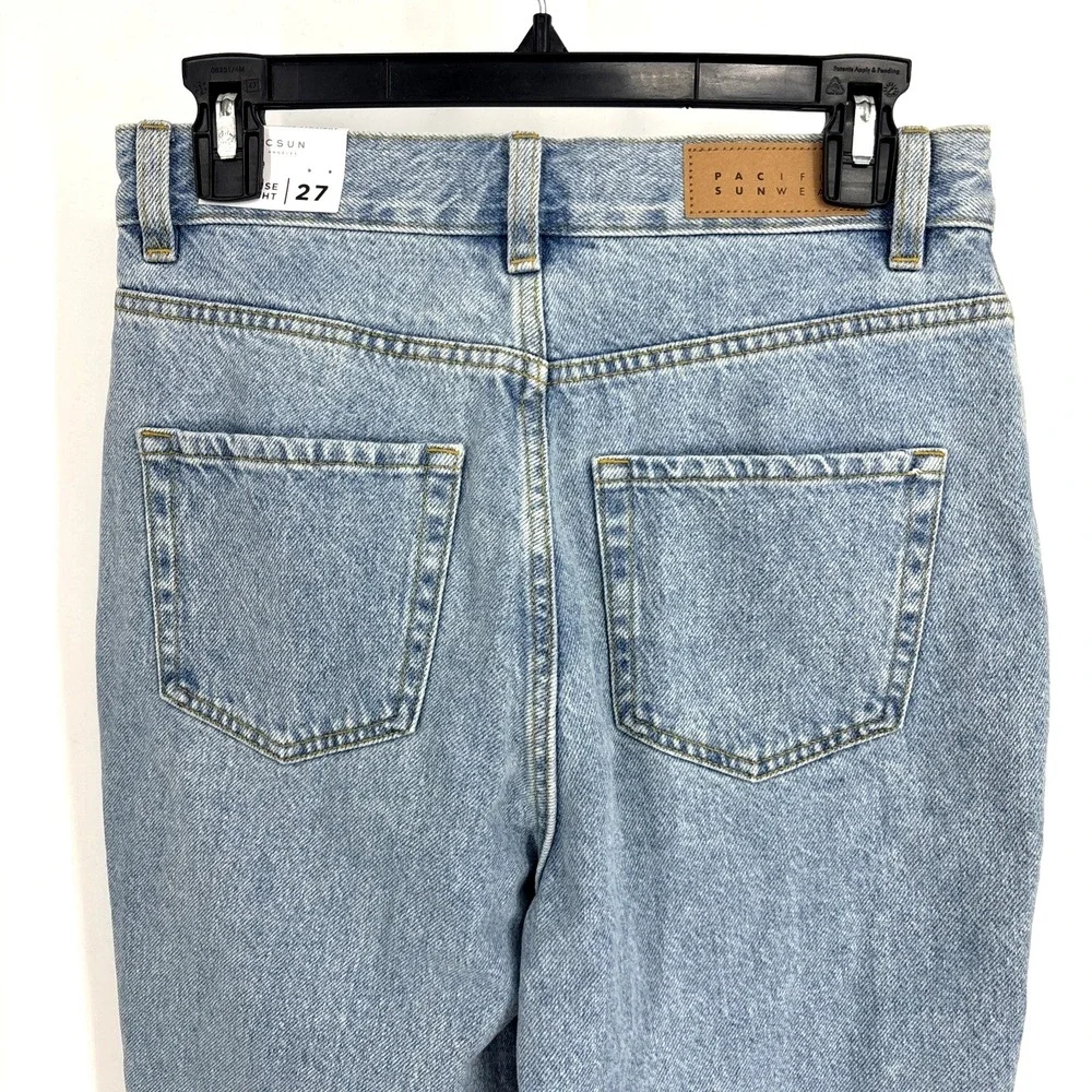 NWT PacSun Blue Straight Leg Button‎ Fly Jeans Size 27 High Rise Frayed Hem